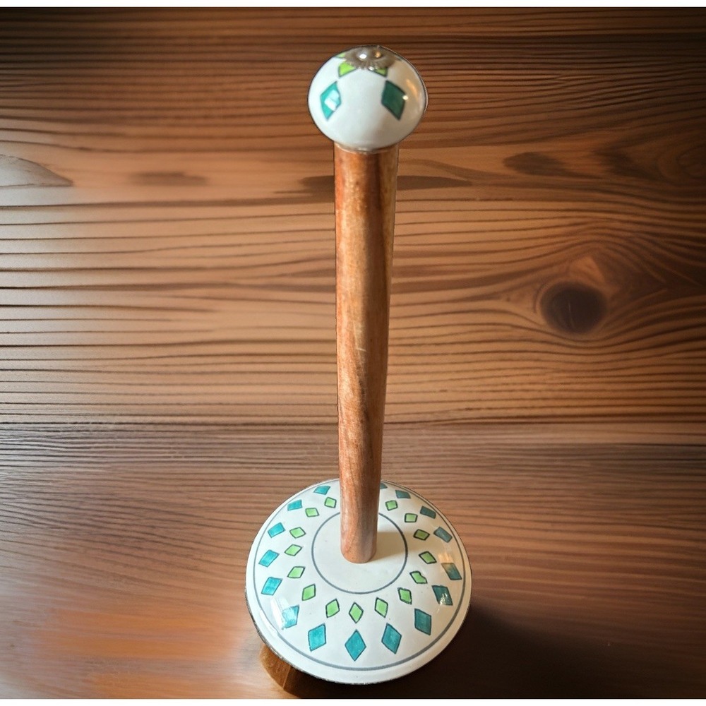 Talavera Style Blue/White/green Ceramic & Wood Paper Towel Holder Geometric Boho